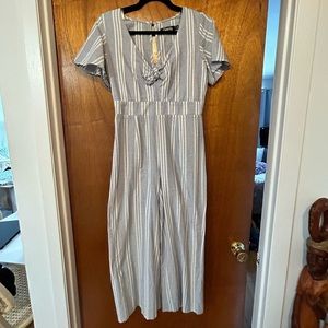 Tie front blue striped jumpsuit